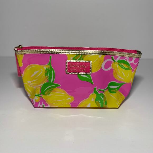 🍋 NWOT Lilly Pulitzer Estée Lauder Lemon Cosmetic Makeup Bag Pink Yellow Lemon - Picture 1 of 6